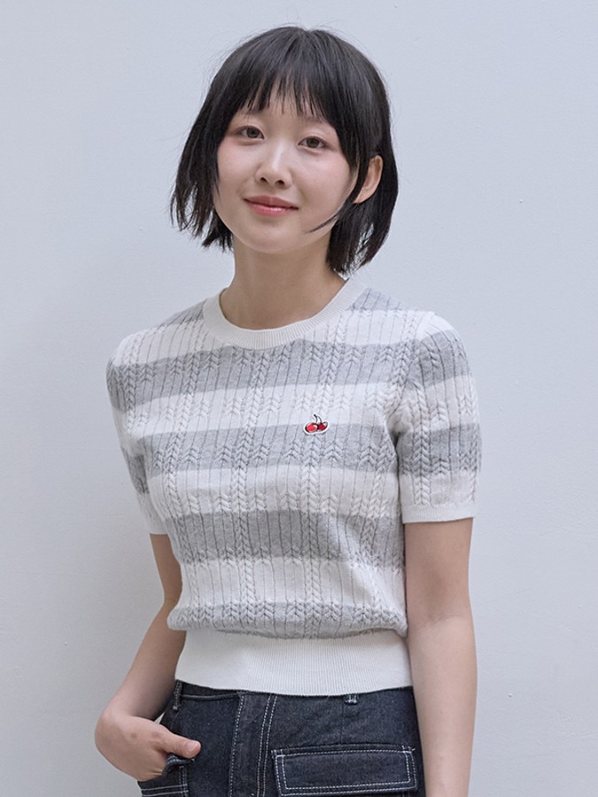 Small Cherry Cable Crop Short Sleeve Knit