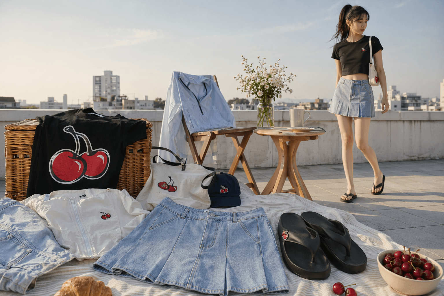 KIRSH cherry casualwear with crop tees, washed denim, and flip-flops